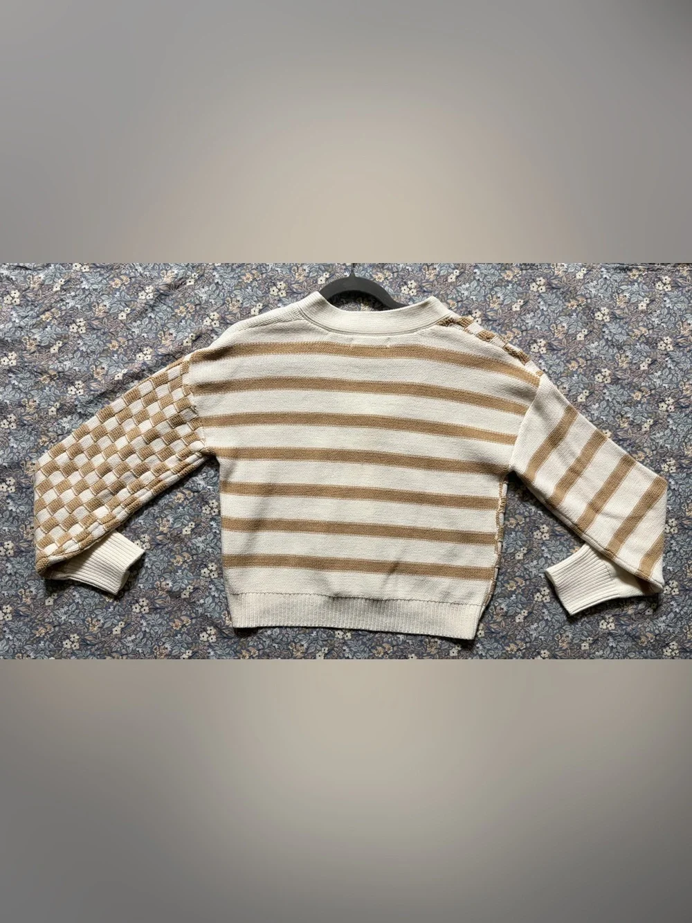moon & madison Cream and Tan Checker‑Stripe Knit Cardigan - Picture 2 of 3